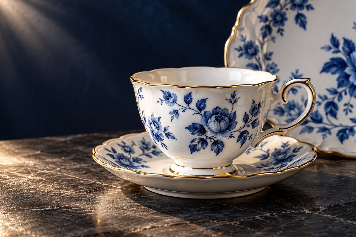 Ilustrační fotografie bílého porcelánového šálku s modrým dekorem a zlatým lemem